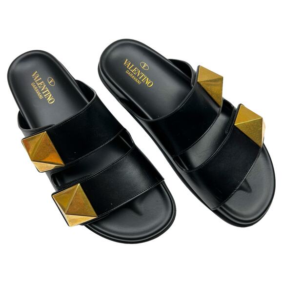 VALENTINO GARAVANI One Stud Leather Flats EU 40 US 10 Black Roman Slide Sandals - Picture 1 of 14